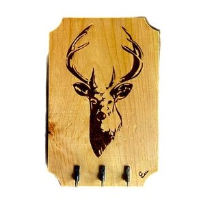 Handmade key holder, wood wall art pyrografy, deer theme